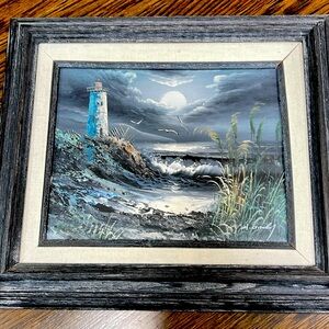Beautiful lighthouse/seascape Monochromatic w/splash color signed oil on canvas